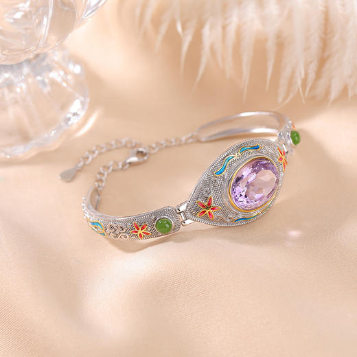 【迎花纳福】S925纯银镀金和田玉碧玉紫水晶珐琅花朵手链【CW-SL11635】 商品图1