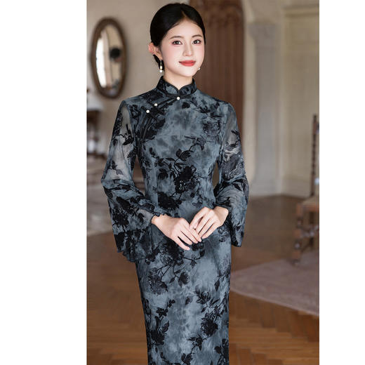 【雁归来】黑色旗袍改良复古喇叭袖，新中式连衣裙优雅气质LSB4038 商品图4