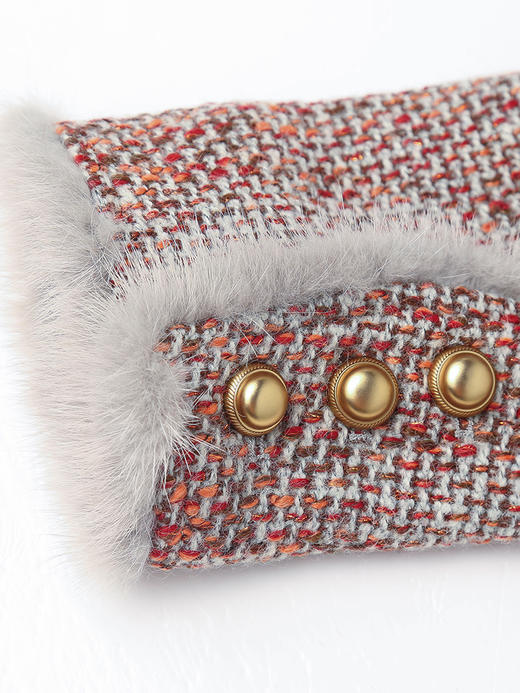 杂色粗花呢拼接毛绒圆领短款外套 冬季小香风金属扣多口袋长袖羽绒服 商品图4