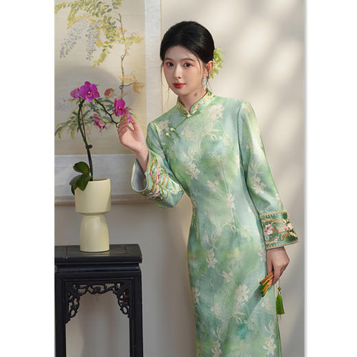 芊竹绒长款倒大袖旗袍，日常宽松版旗袍SYK23068 商品图1