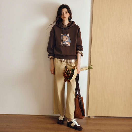 OLrain欧芮儿2025新款女秋季慵懒风咖色上衣卡通印花宽松连帽卫衣 商品图1