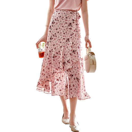 欧芮儿碎花雪纺半身裙2025夏季新款不对称荷叶边裙摆蝴蝶结收腰裙 商品图3