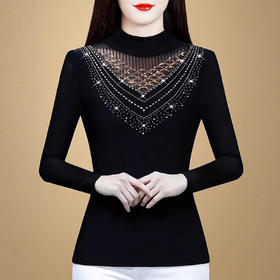 KQL A39N5504网纱打底衫蕾丝上衣妈妈半高领贵夫人洋气