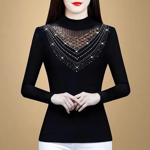 KQL A39N5504网纱打底衫蕾丝上衣妈妈半高领贵夫人洋气 商品图0