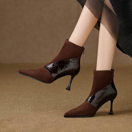 【预售5天】秋冬新款真皮短靴女细跟尖头拼接高跟时装靴气质磨砂皮马丁靴QS&763 商品图1