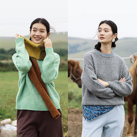 绽放710朵/羊毛棉花纱撞色落肩圆领套头毛针织衫加厚保暖毛衣女冬