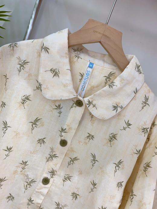 松植屋女款全棉水洗长袖长裤套装春秋双层纱布睡衣经典翻领与竹叶图案恬静素雅 商品图1