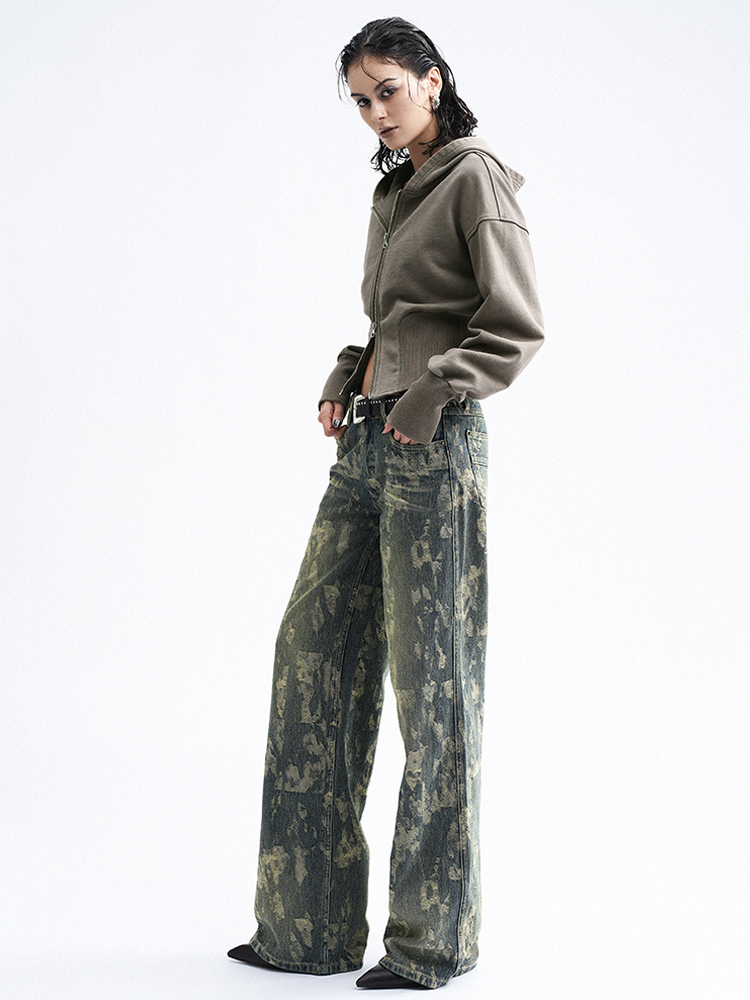 TR她热 废土辣妹 棕咖色水洗做旧复古显瘦运动拉链卫衣开衫