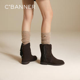 千百度低跟流苏西部靴女平底美拉德中筒骑士靴短靴A25570232