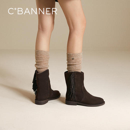 千百度低跟流苏西部靴女平底美拉德中筒骑士靴短靴A25570232 商品图0