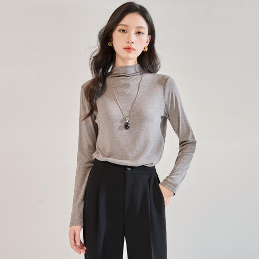 「高货sh」全新升级【铂金会员146/天猫189/差价43】(02001)洛诗琳高级感半高中领纯色T恤2025秋季修身显瘦高弹打底衫 商品图0
