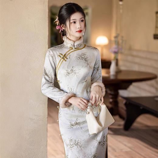 SKY 3125220复古中国风提花缎印花长款旗袍 商品图0