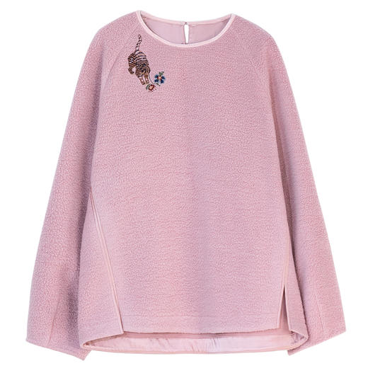 牧衣游原创 老虎与花手工刺绣卫衣冬舒适圆领宽松保暖上衣 松木白 商品图4