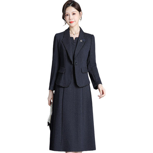 QYM H3508 -Y两件套气质小西装外套连衣裙条纹套装裙 商品图4