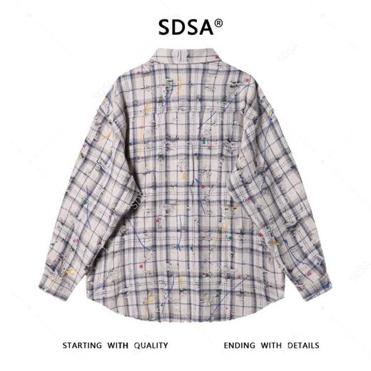 SDSA男士秋冬新款痞帅男装潮牌撞色格纹磨破泼墨翻领衬衫百搭宽松 商品图4