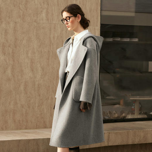 OLrain欧芮儿灰色双面呢外套女冬季2025年新款高级感连帽大衣 商品图0
