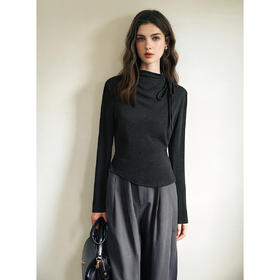 气质半高领绑带设计感保暖打底衫女冬季不规则下摆套头长袖T恤