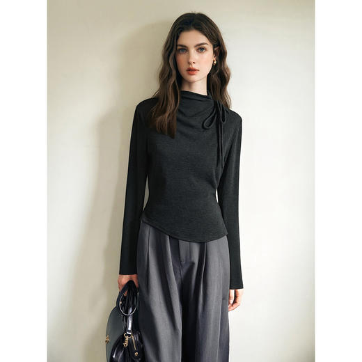 气质半高领绑带设计感保暖打底衫女冬季不规则下摆套头长袖T恤 商品图0