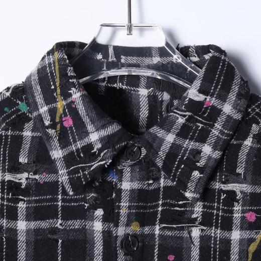 SDSA男士秋冬新款痞帅男装潮牌撞色格纹磨破泼墨翻领衬衫百搭宽松 商品图1