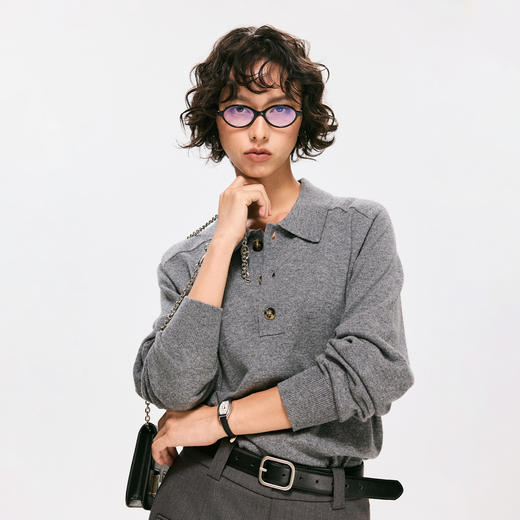 棉仓3671026010-【格雷象限】羊毛羊绒POLO领针织衫马鞍肩知识分子毛衣 商品图2