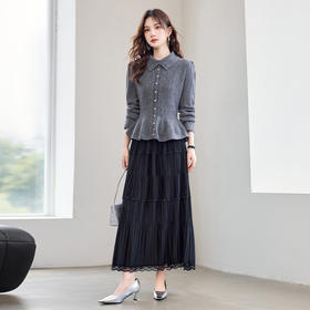 YBER618两件套连衣裙女长袖秋季新法式简约风珍珠圆领收腰气质百搭套装裙