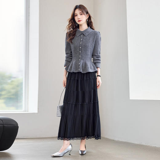 YBER618两件套连衣裙女长袖秋季新法式简约风珍珠圆领收腰气质百搭套装裙 商品图0