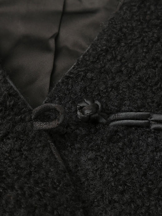 黑色盘扣 V 领毛绒外套 秋冬复古拼接袖口宽松显瘦长袖上衣 商品图2