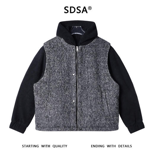 J59266SDSA男士秋冬新款痞帅男装美式简约撞色假两件拉链连帽卫衣外套 商品图1