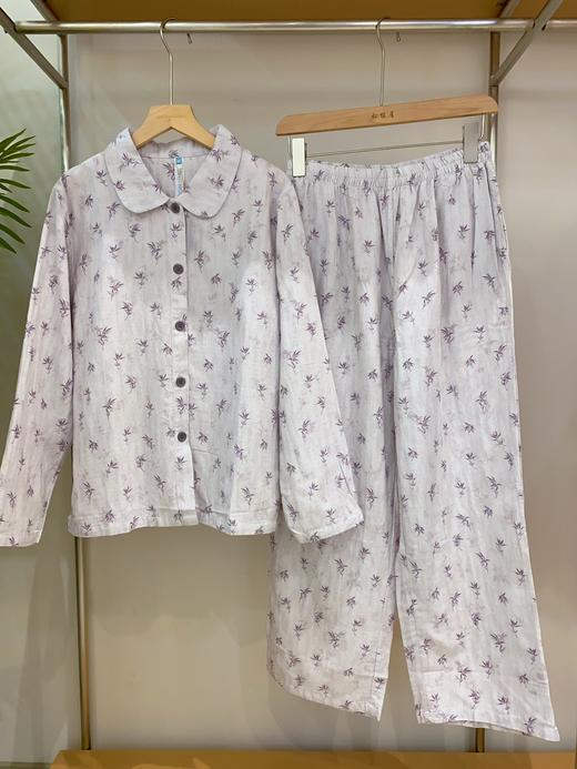 松植屋女款全棉水洗长袖长裤套装春秋双层纱布睡衣经典翻领与竹叶图案恬静素雅 商品图3