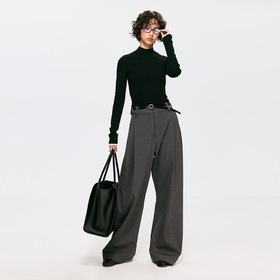 棉仓3661018002-【格雷象限】立体双褶直筒休闲裤精纺羊毛阔腿灰色西裤