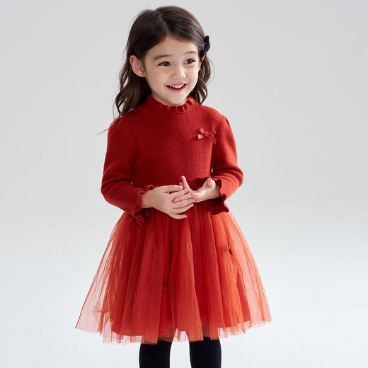 笛莎Deesha 2025冬季女童甜美木耳边蝴蝶结网纱针织连衣裙 商品图0