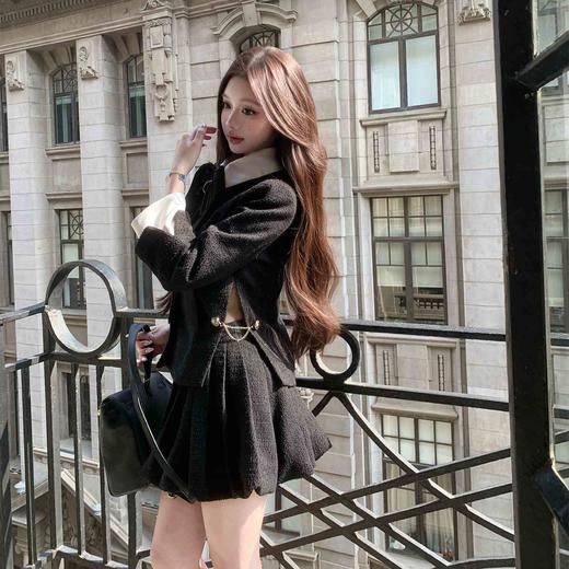 LIN BOUTIQUE 秀场款金丝椰蓉粗花呢编制撞色领短外套+半裙套装 商品图1