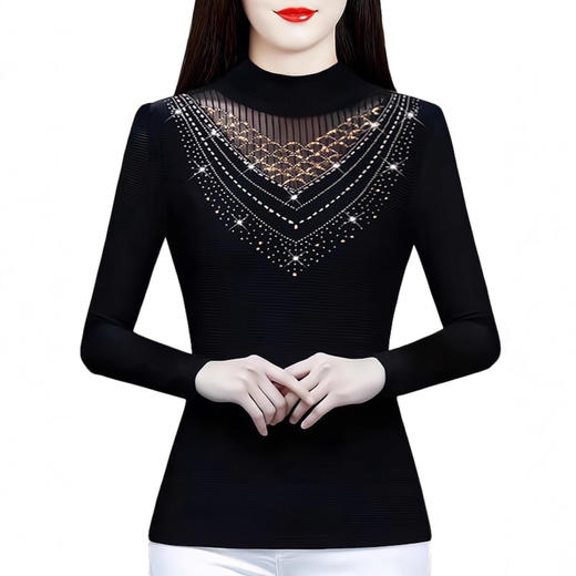 KQL A39N5504网纱打底衫蕾丝上衣妈妈半高领贵夫人洋气 商品图4