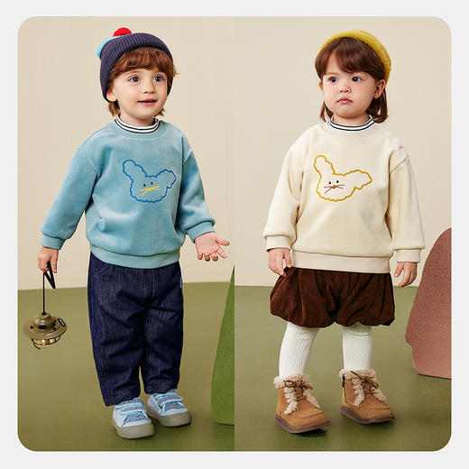 迷你巴拉男女童宝宝软卫衣2025冬保暖内里加绒假两件双层高领上衣 商品图2