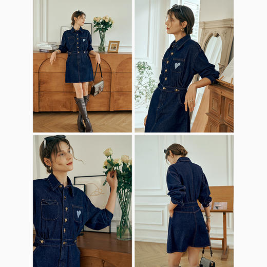 OLrain欧芮儿秋季2025年新款刺绣洗水收腰中长款长袖牛仔连衣裙女 商品图1