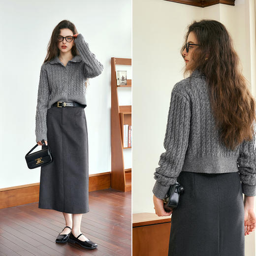 OLrain欧芮儿法式翻领毛衣女秋季2025年新款软糯麻花长袖针织开衫 商品图0