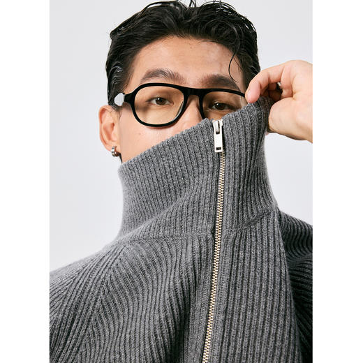 棉仓3671026008-【格雷象限】羊毛羊绒立领拉链针织开衫厚款鱼鳞针毛衣 商品图1