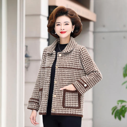 W504-82234-95-168中年妈妈秋装洋气仿水貂绒毛呢格子外套50岁中老年女冬季长袖大衣 商品图0