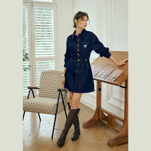 OLrain欧芮儿秋季2025年新款刺绣洗水收腰中长款长袖牛仔连衣裙女 商品图0