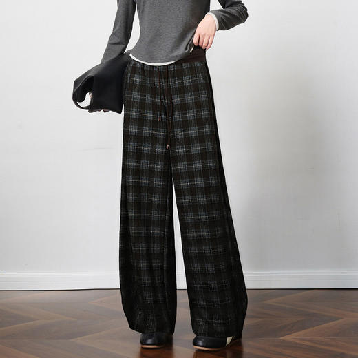OLrain欧芮儿2025新款女冬季撞色格子慵懒宽松毛呢弯刀休闲裤长裤 商品图3