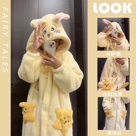 网红同款睡衣女秋冬季加厚珊瑚绒睡袍卡通可爱少女法兰绒家居服