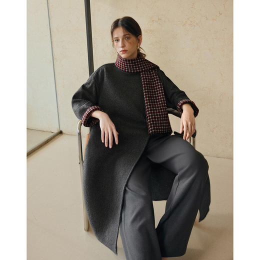 OLrain欧芮儿2025新款女冬季撞色格纹羊毛双面呢大衣长袖宽松外套 商品图3