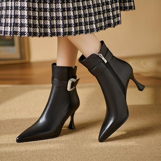 【预售5天】棕色羊皮水钻方扣，高跟气质短靴细跟尖头时装靴QS&755 商品图2