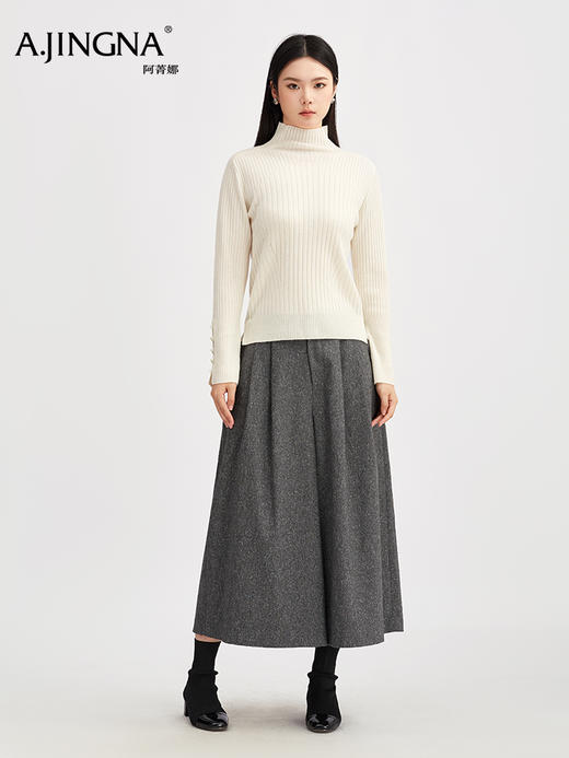 【商场同款】阿菁娜冬季新款超细美利奴羊毛衫半高领坑条修身针织微喇袖贝壳扣亲肤A30D301019 商品图5