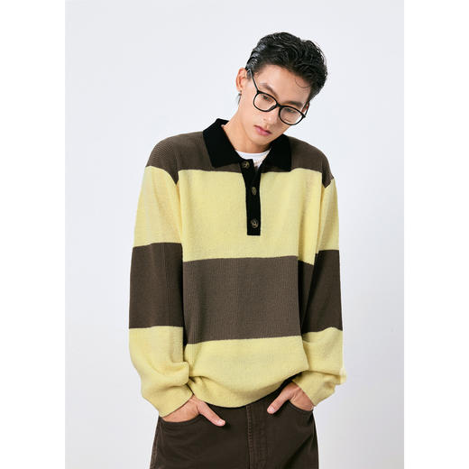 棉仓3671026003-【微醺时刻】条纹polo领毛衣男秋季宽松落肩羊毛衫 商品图0