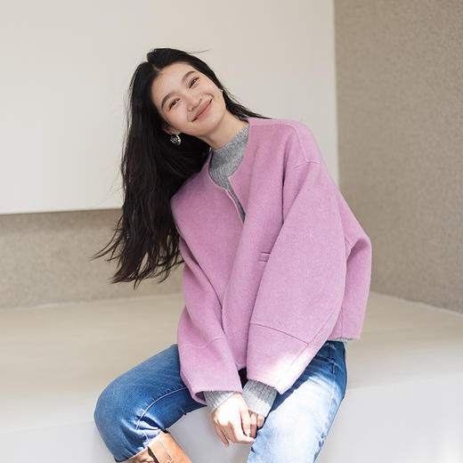 绽放717朵/绵羊毛兔毛廓形感落肩开襟拉链短款毛呢外套女冬呢大衣 商品图1