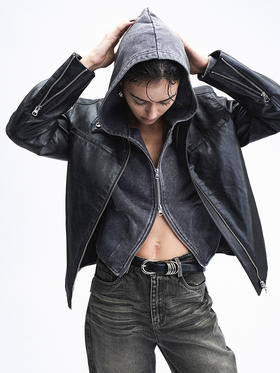 TR她热 冷面特工 黑色立领双拉链辣妹设计感环保皮夹克外套