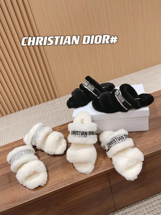 迪奥刺绣条纹logo加绒毛里一字平底拖鞋（DBG） 商品图2