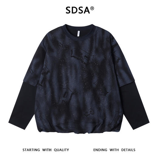 SDSA秋冬新款痞帅男装潮牌扎染满天星字母圆领假两件长袖T恤百搭 商品图1