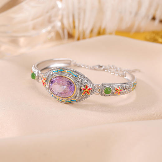 【迎花纳福】S925纯银镀金和田玉碧玉紫水晶珐琅花朵手链【CW-SL11635】 商品图2